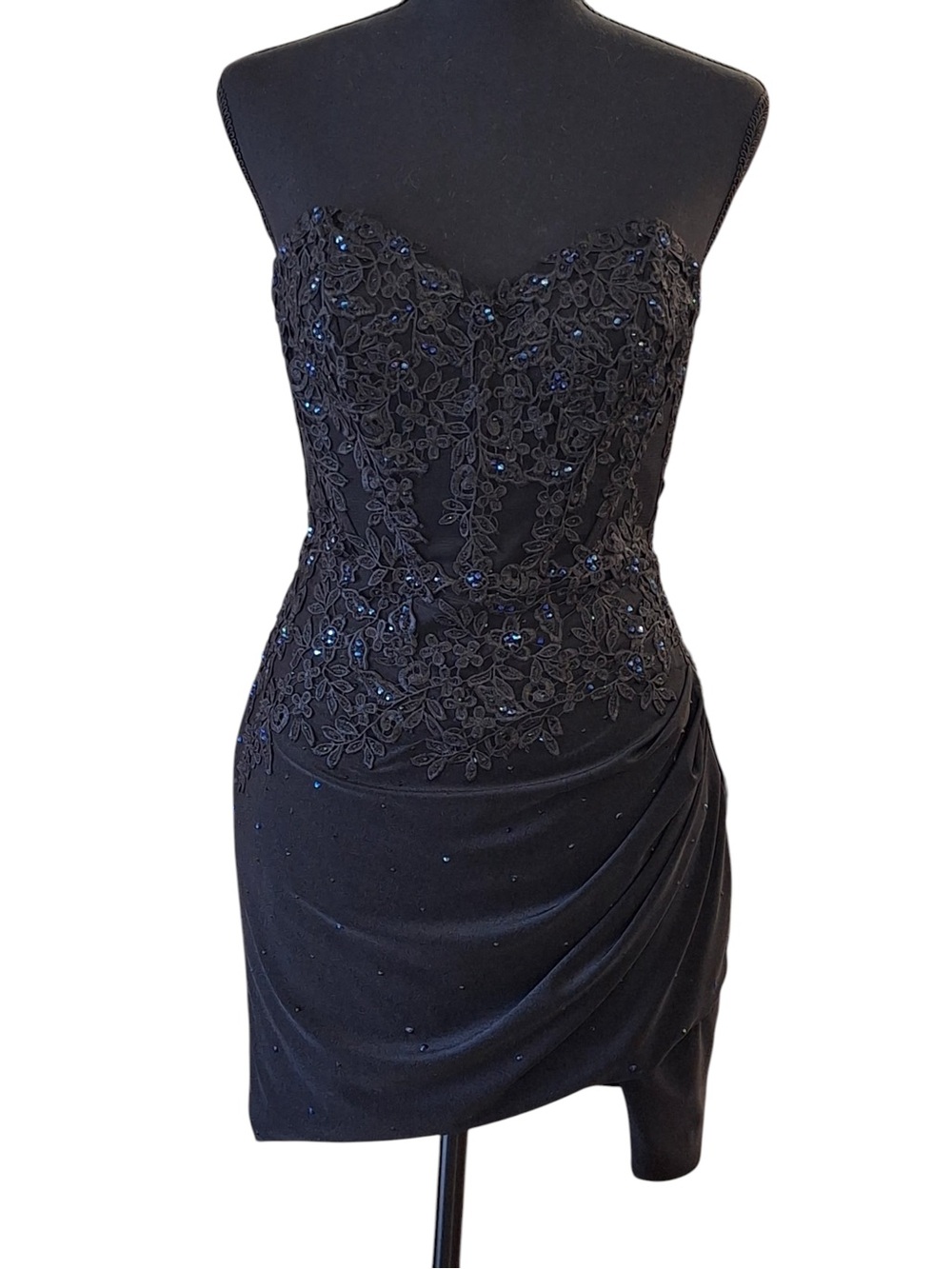 Strapless Black Beaded Lace Cocktail Dress